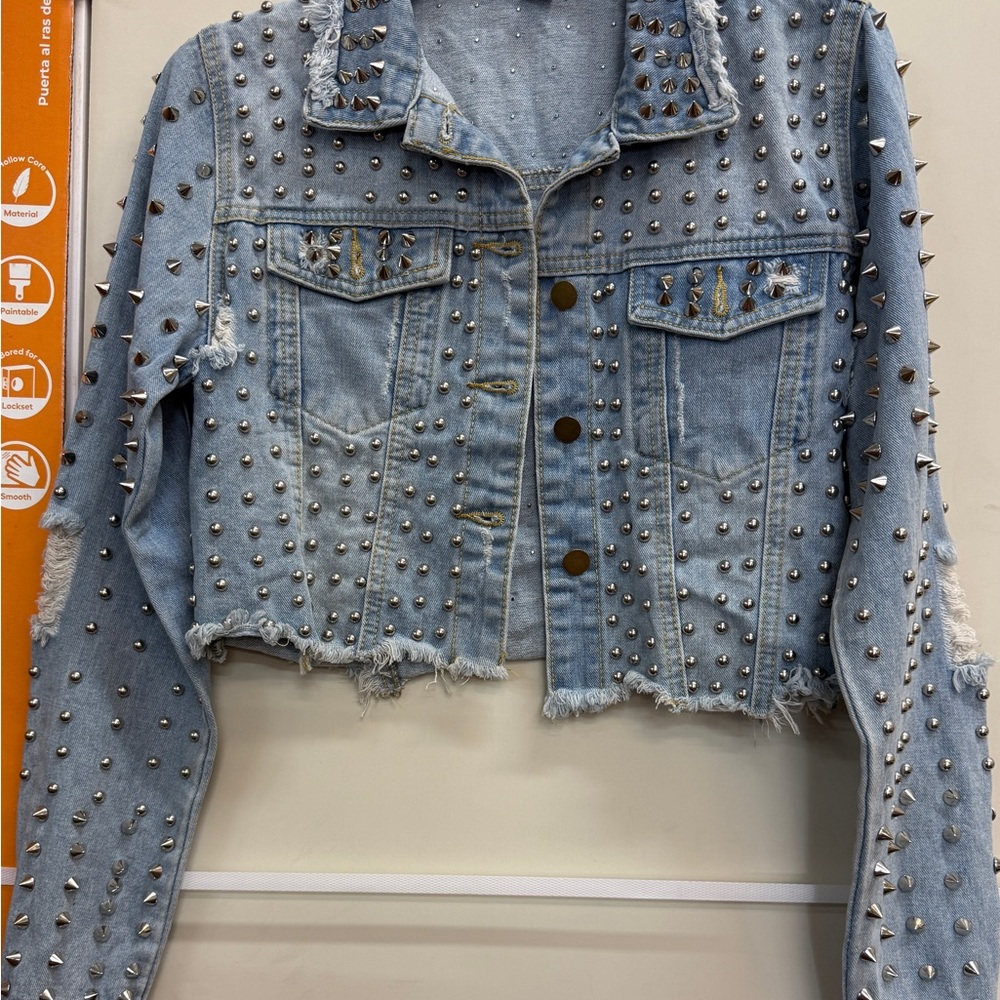 Studded Light Wash Cropped Denim Jacket
